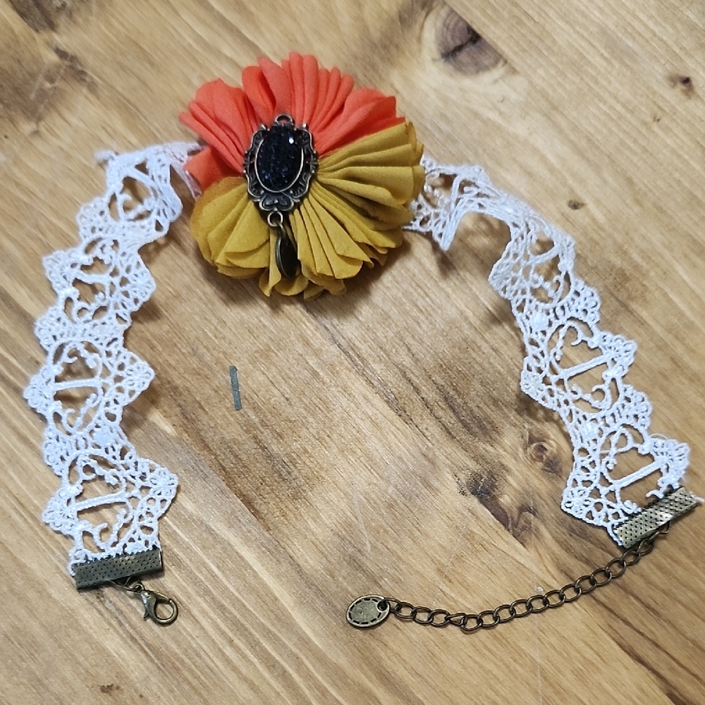 Lace Choker with Orange and Yellow Floral Pendant